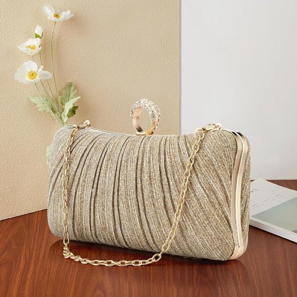 Women Gold Pleated Clutch  Lady  Handbag - Picture 4 of 9